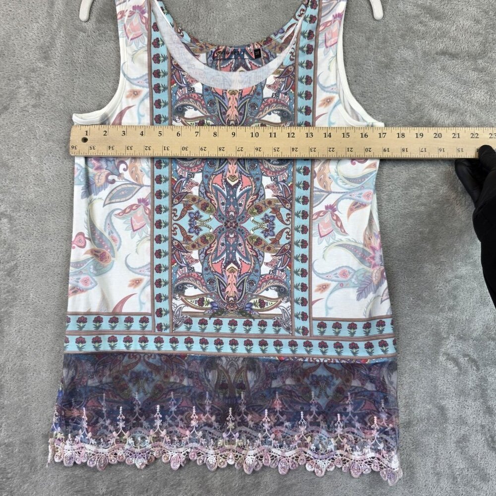 Origami Tank Top Womens Medium Multicolor Boho Paisley Sheer Lace Hem Sleeveless - Picture 2 of 9